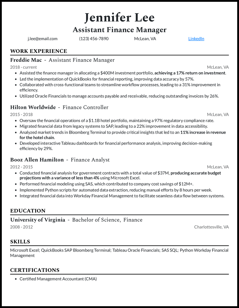 Assistant Finance Manager resume example with 11 years experience