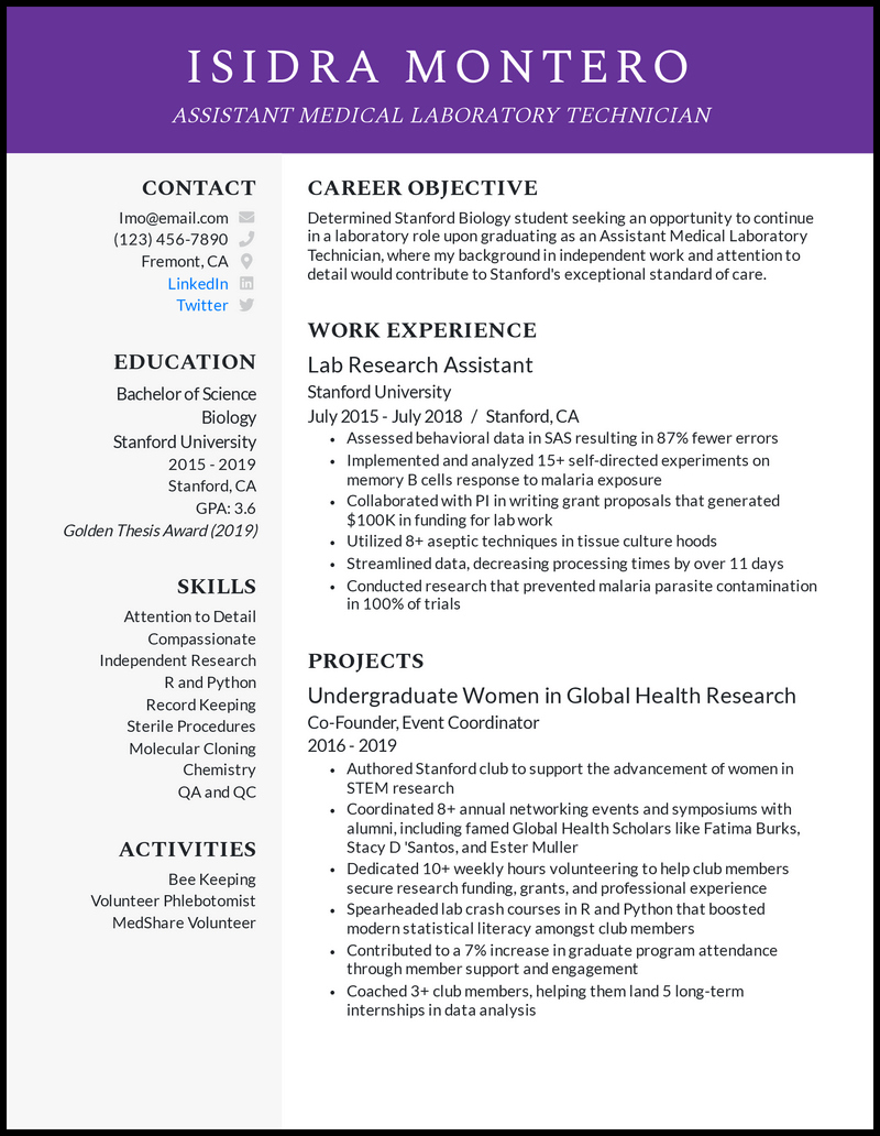 Assistant Medical Laboratory Technician Resume Example 