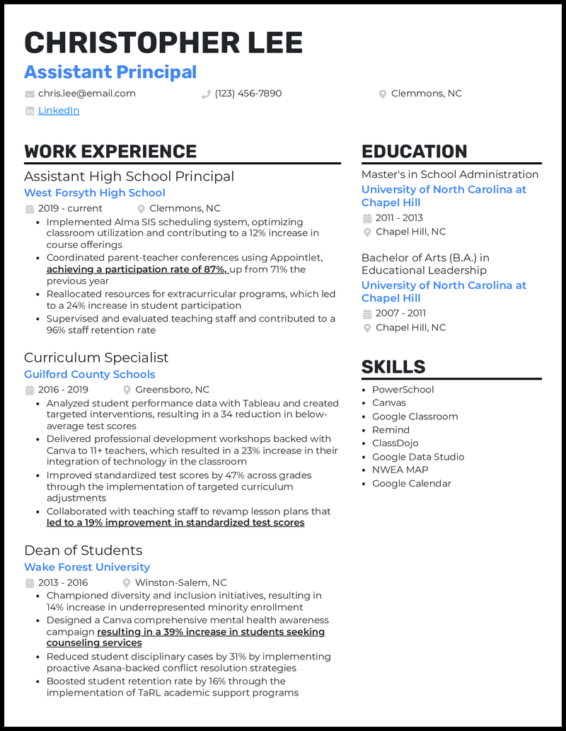 Assistant Principal resume example with 10 years of experience