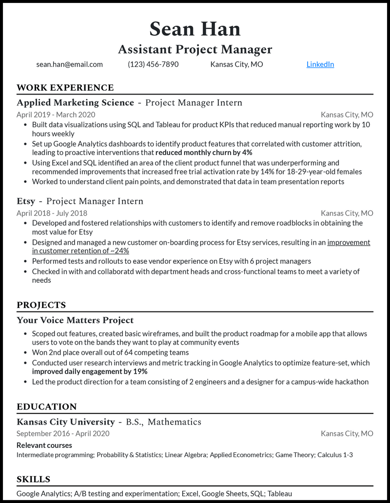 Clean assistant project manager resume example with no experience