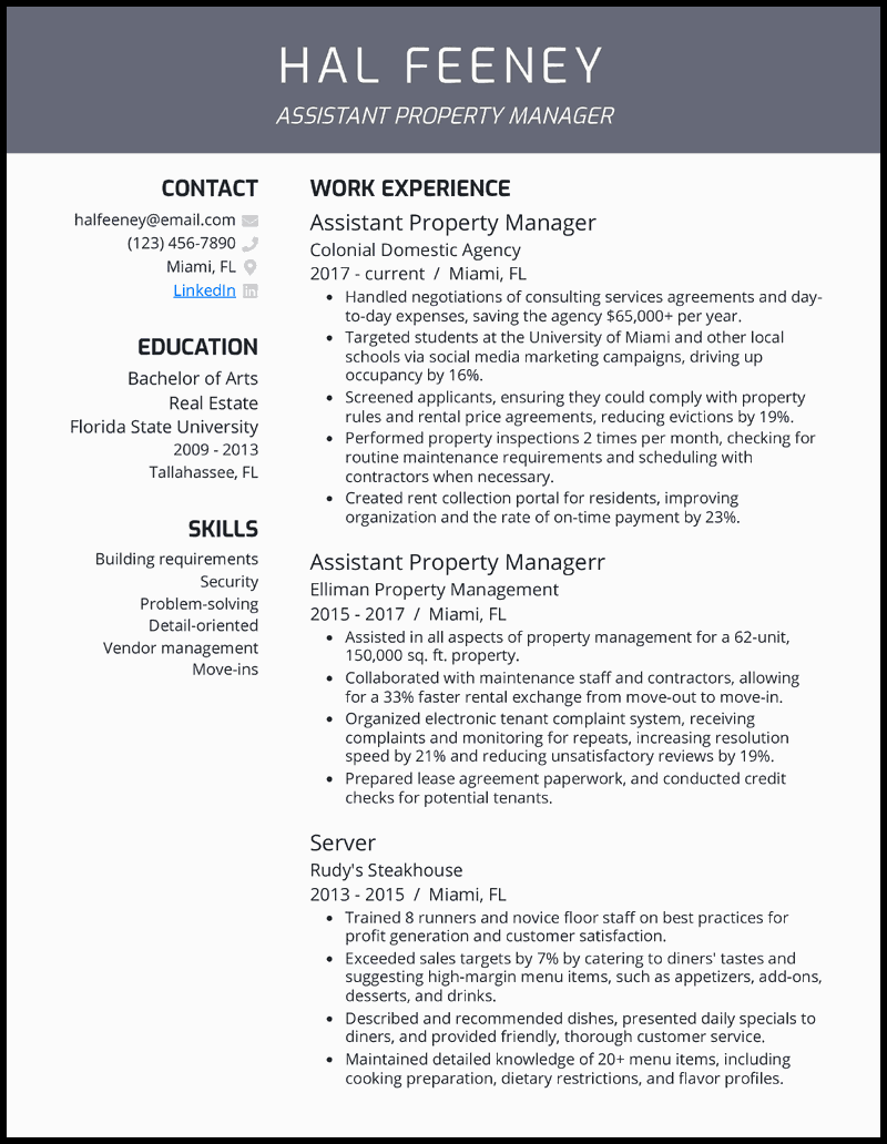 11 Property Manager Resume Templates Examples For 2025 Assistant Property Manager Gray Resume Example 