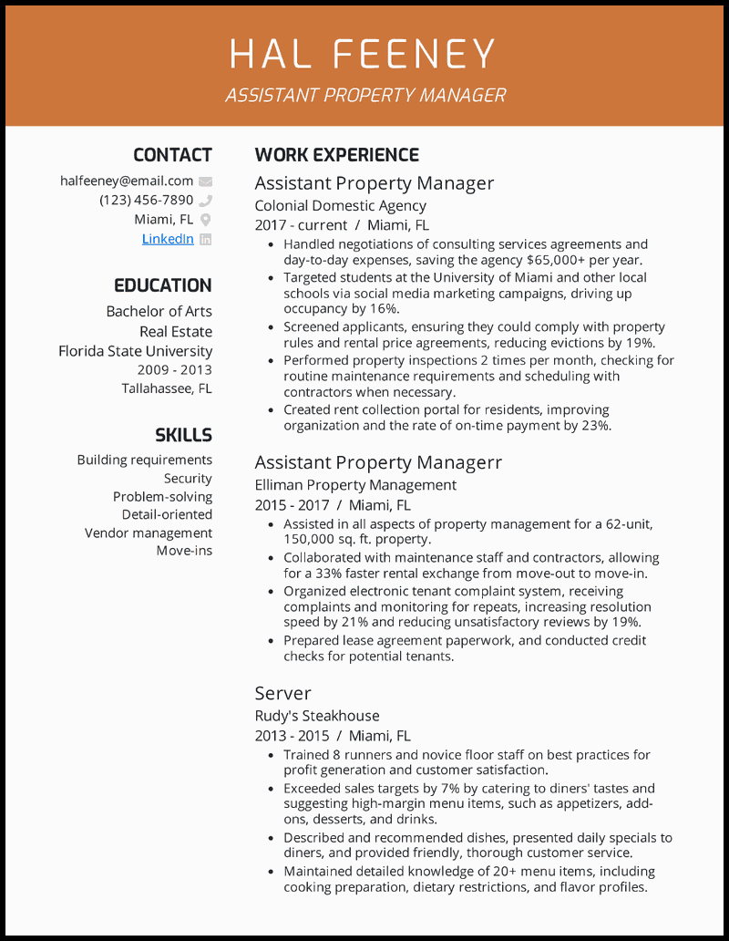 Assistant property manager resume example with 7+ years of experience