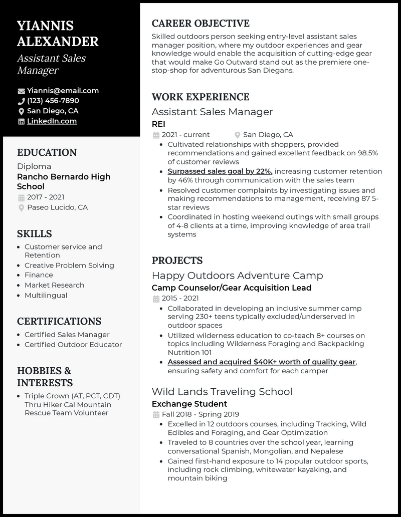 Formal assistant sales manager resume example with 2 years experience