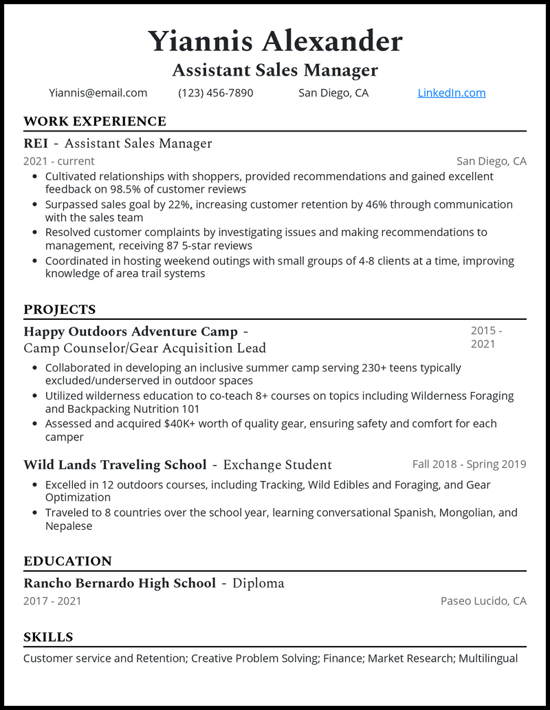 Elegant assistant sales manager resume example with 2 years experience