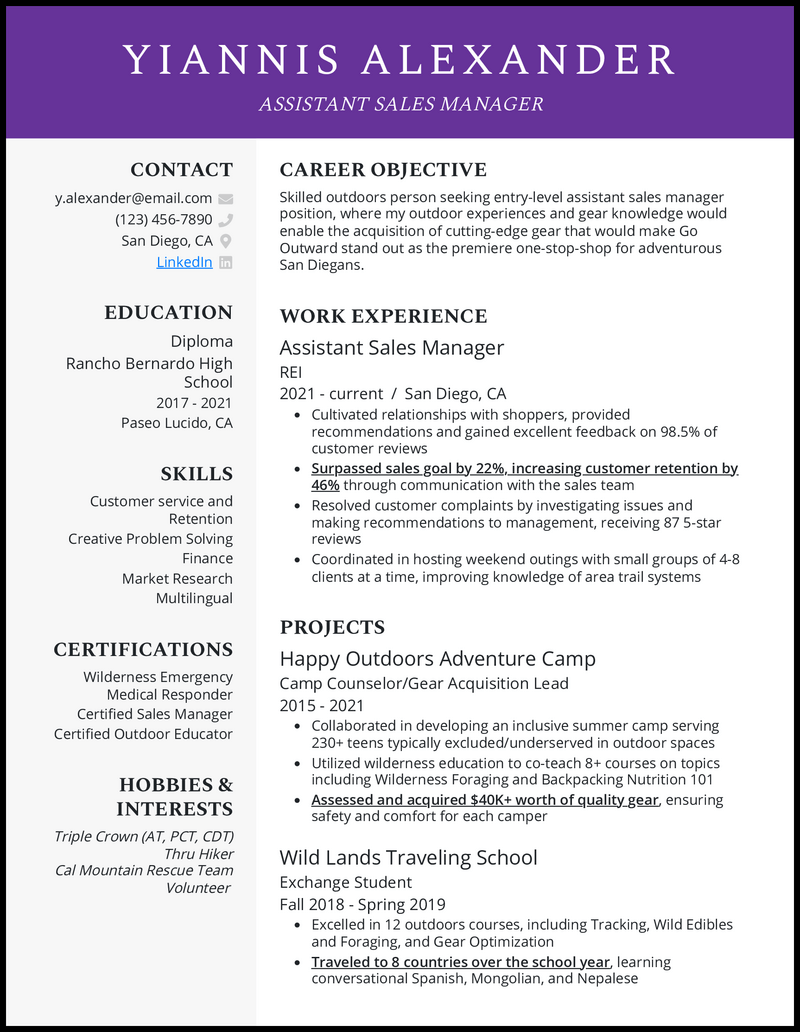 Assistant sales manager resume example with 1+ years of experience