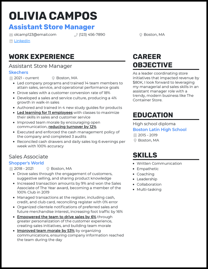 3 Assistant Store Manager Resume Examples For 2024   Assistant Store Manager Standout Resume Example 