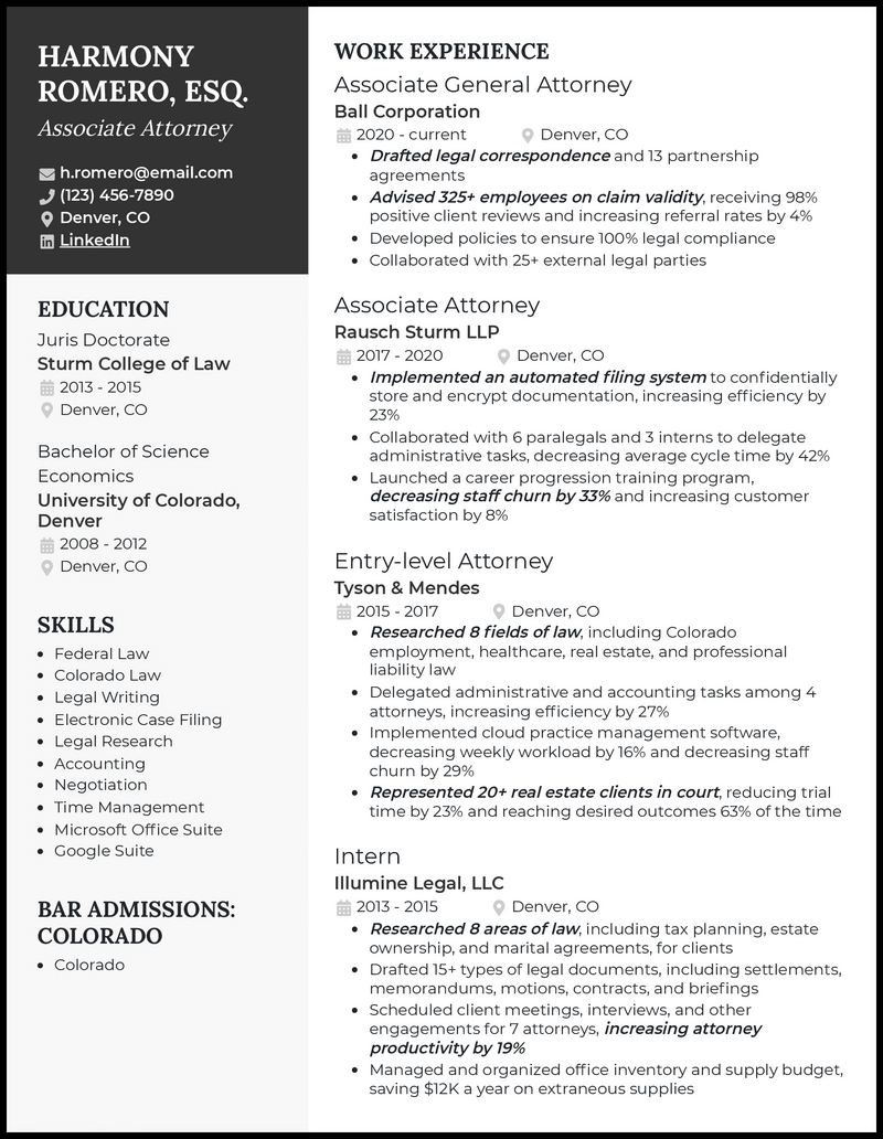 Associate attorney resume example with 7+ years experience