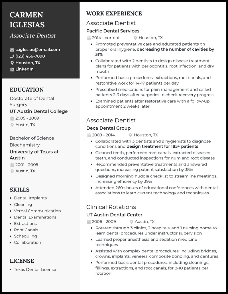 Associate dentist resume example with 4+ years experience