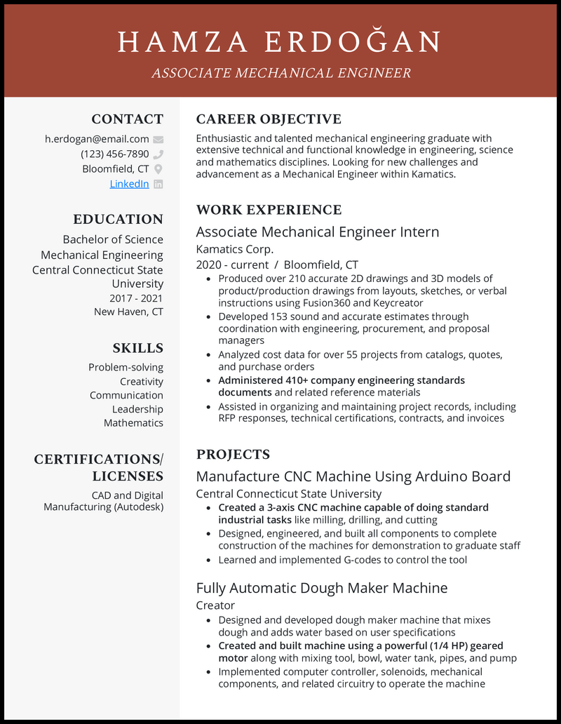 Associate mechanical engineer resume example with 2 years of experience