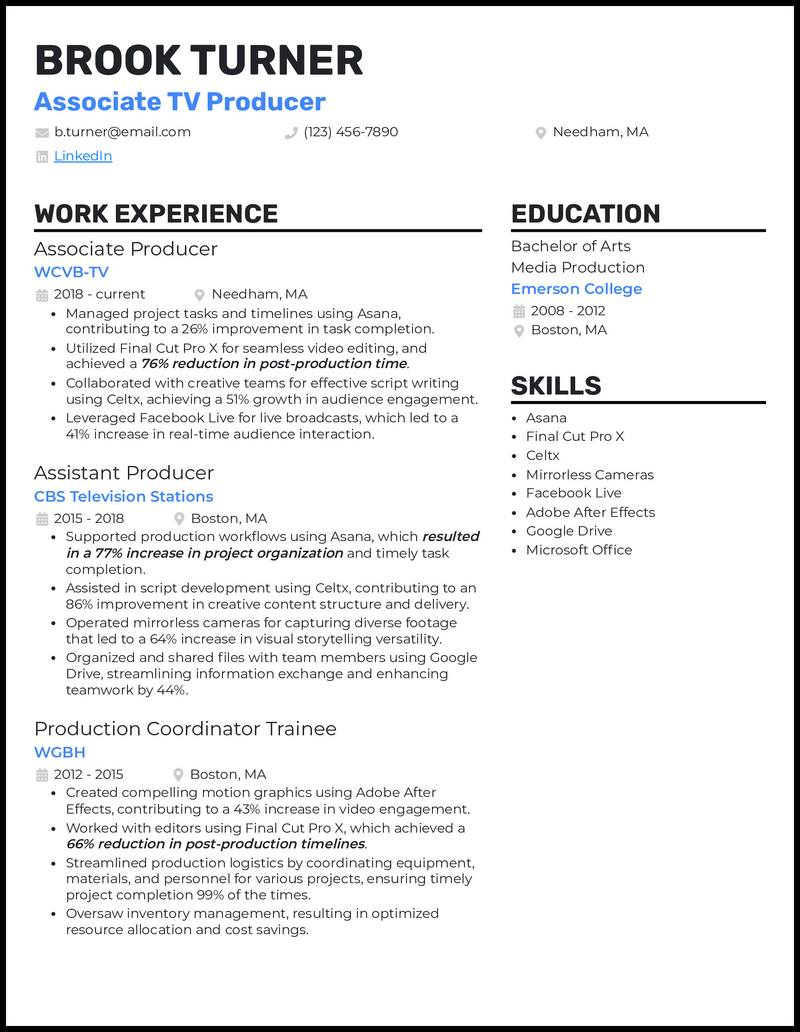 Associate producer resume example with 10+ years of experience