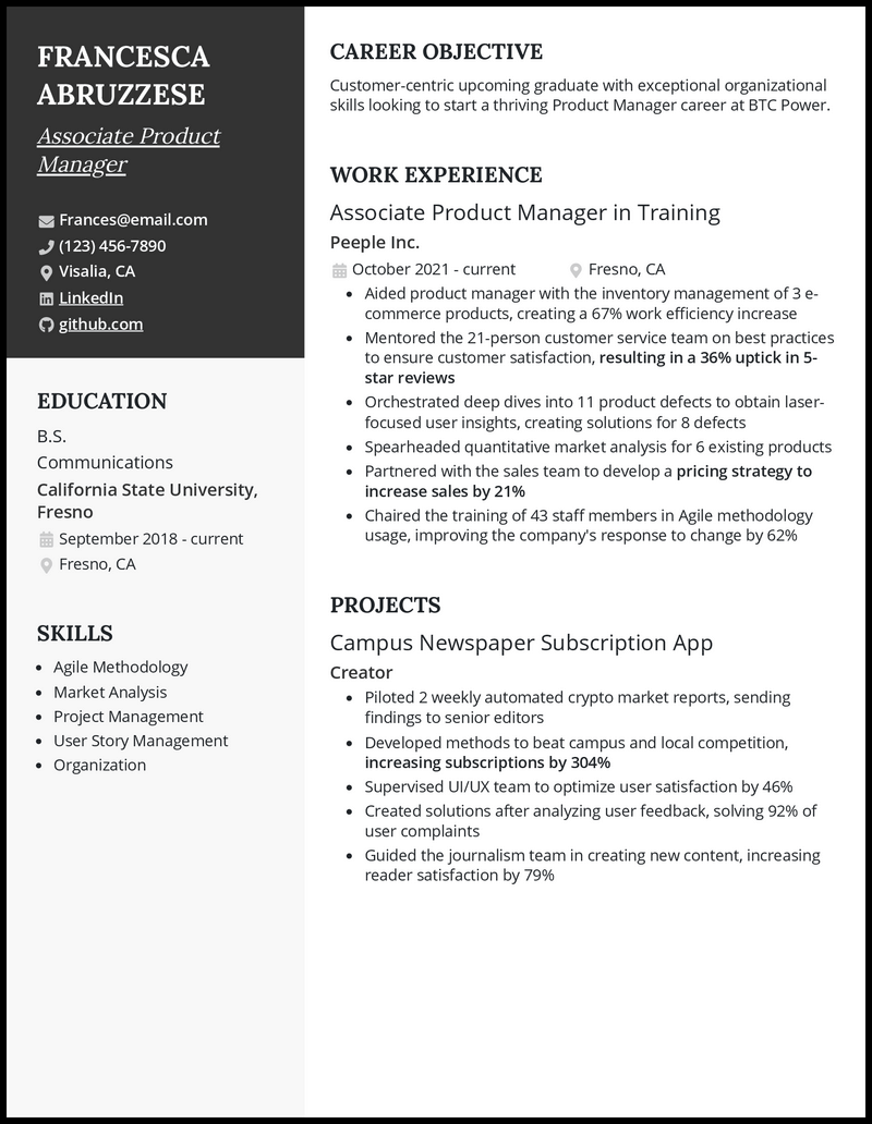 Associate product manager resume example