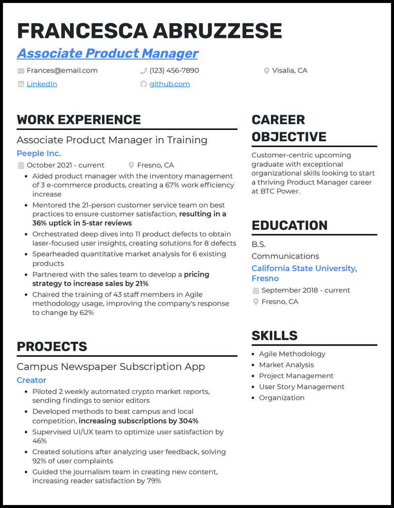 Modern associate product manager resume example