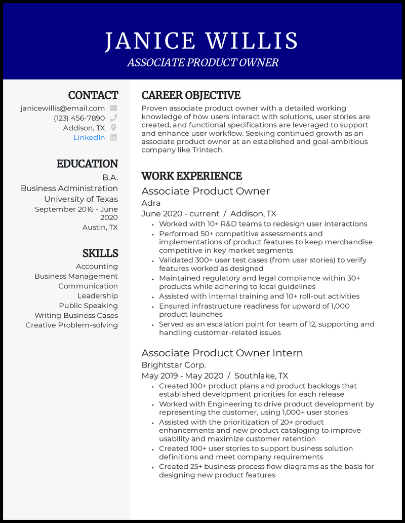 servicenow product owner resume