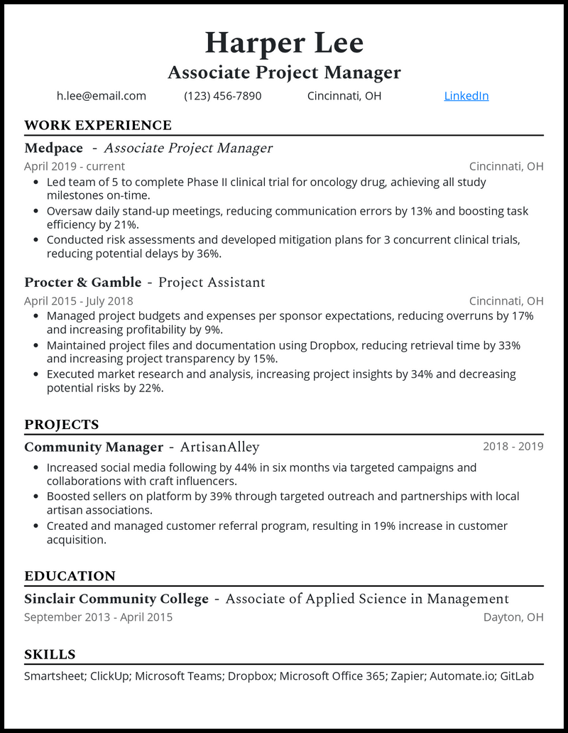 Clean associate project manager resume example with 7+ years experience