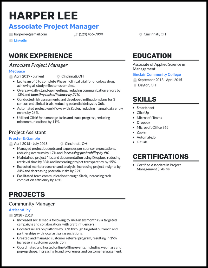 Associate project manager resume example with 7+ years experience