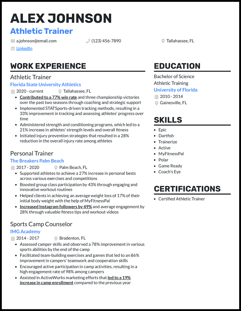 Athletic Trainer resume example with 6 years experience