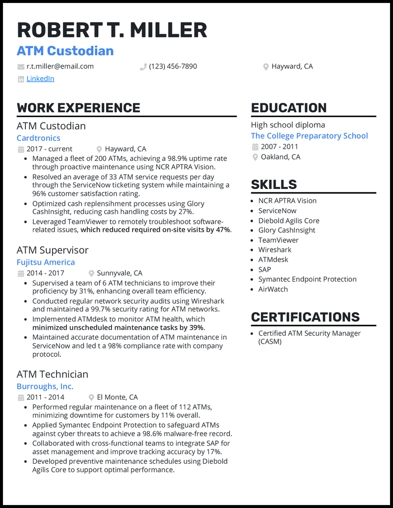 ATM custodian resume example with 12 years of experience