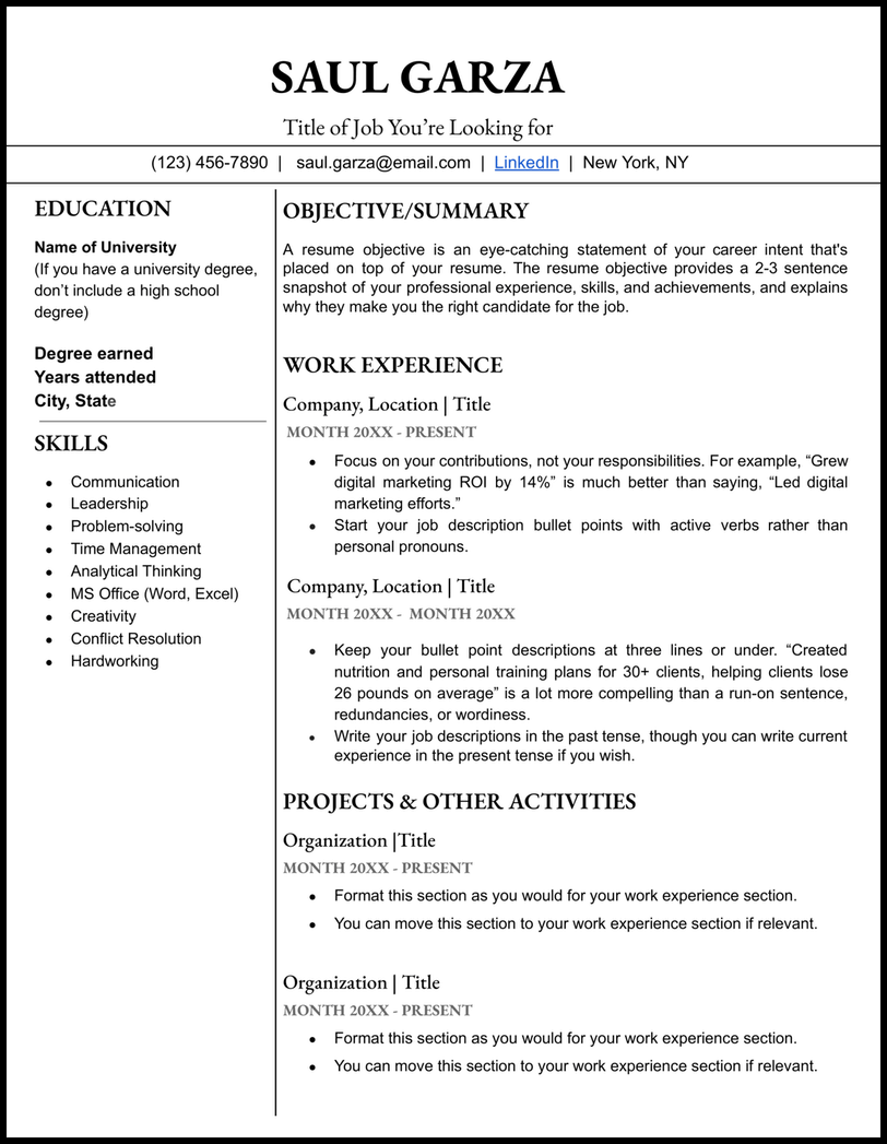 Black and white ATS-friendly Google Docs resume template with no icons or images