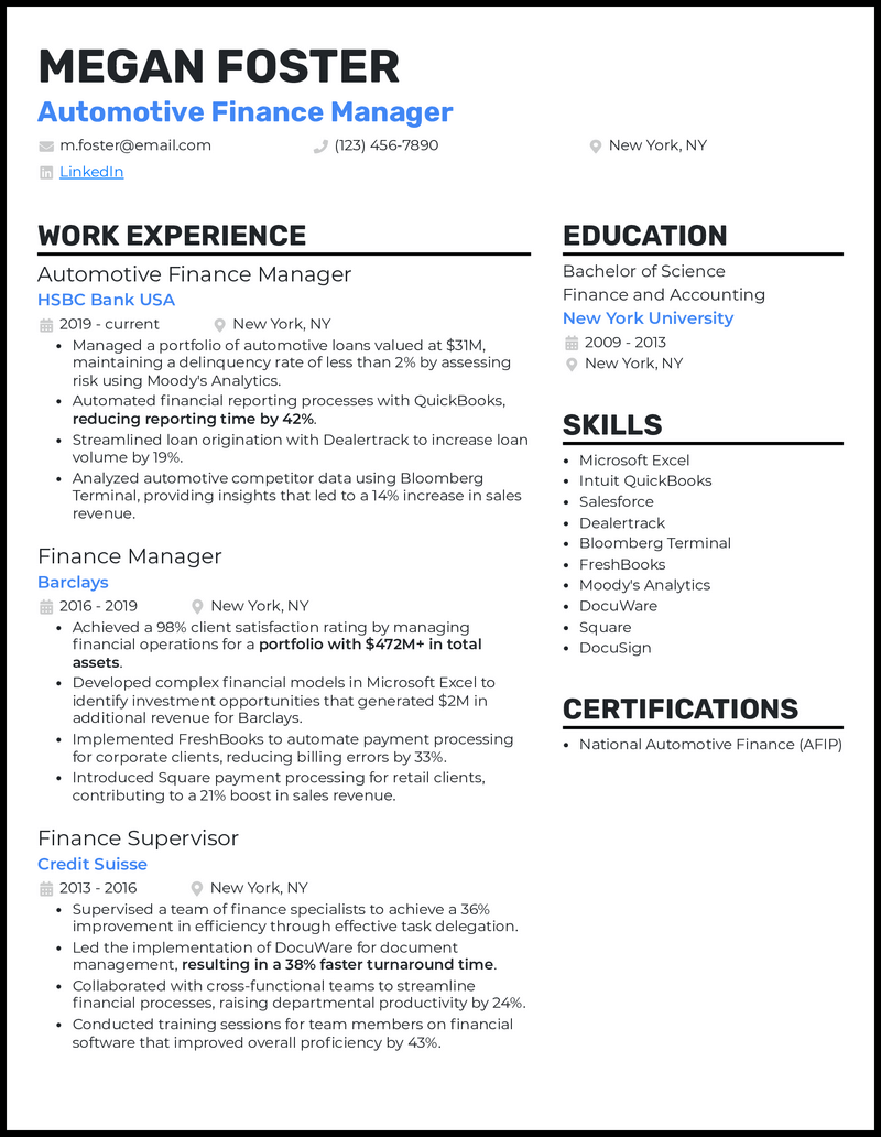 Automotive Finance Manager resume example with 10 years of experience