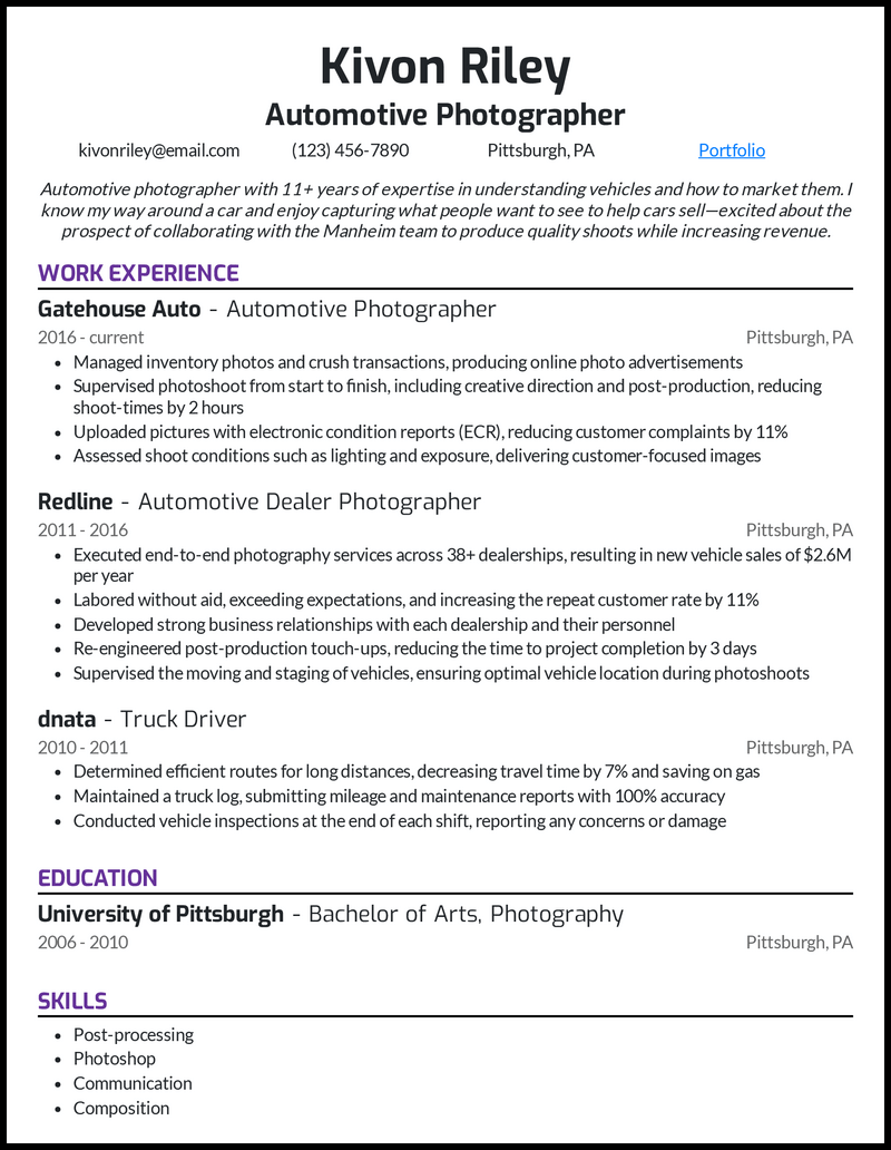 Automotive photographer resume example with 11+ years of experience