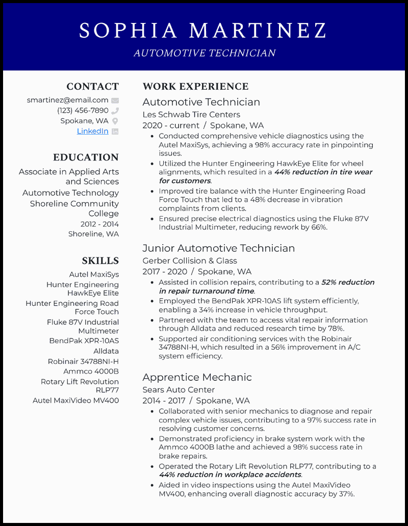 Automotive technician resume example with 9 years of experience