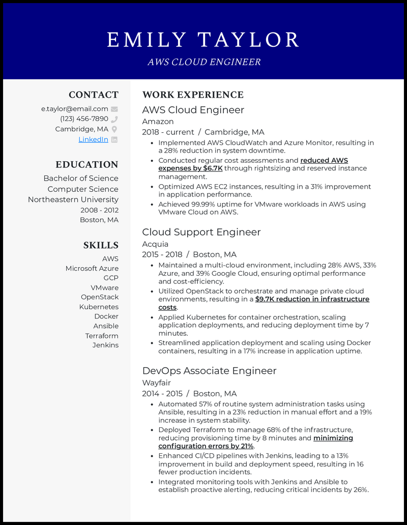 AWS cloud engineer resume example with 9 years of experience