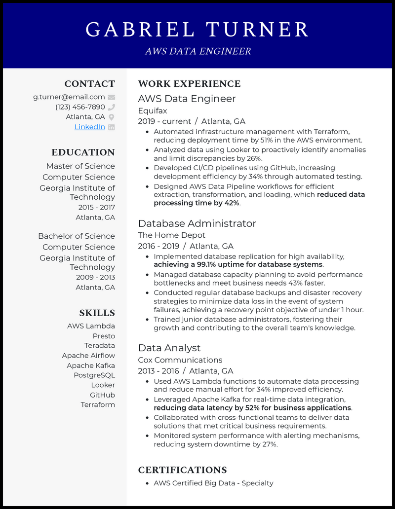 AWS data engineer resume example with 4 years of experience