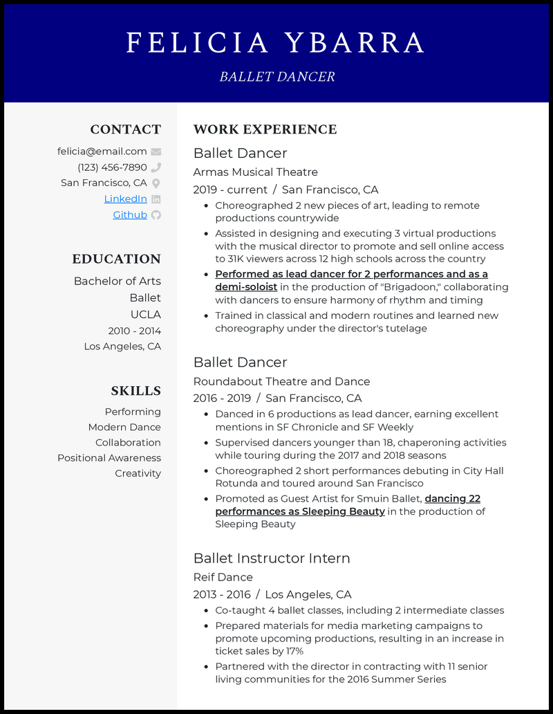 Modern ballet dancer resume example with 8+ years experience