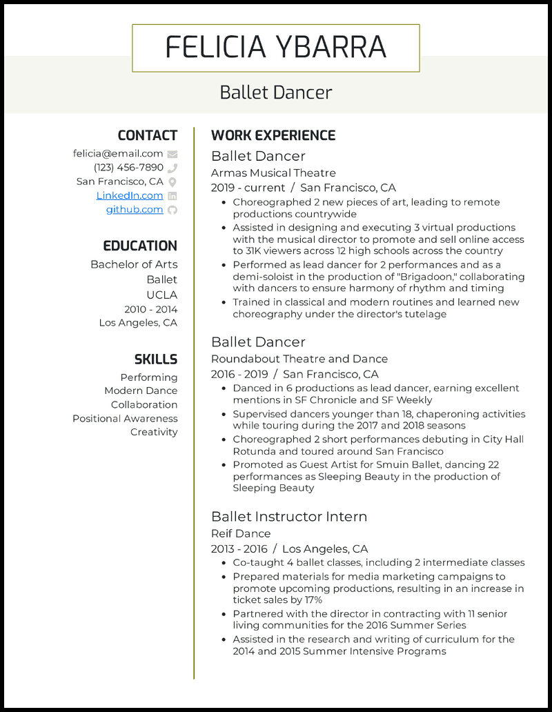 example dance resume Professional dancer resume examples [+ tips]