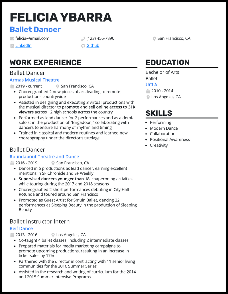 3 Ballet Dancer Resume Examples Proven to Work in 2024