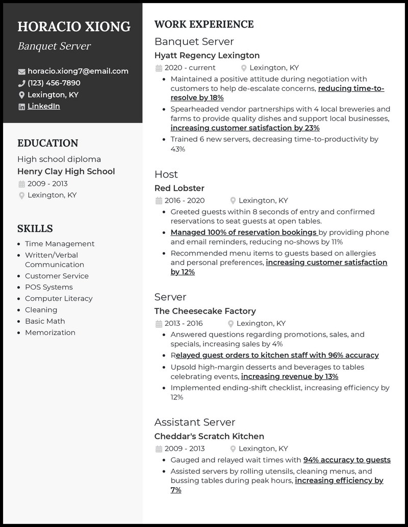 Professional banquet server resume example