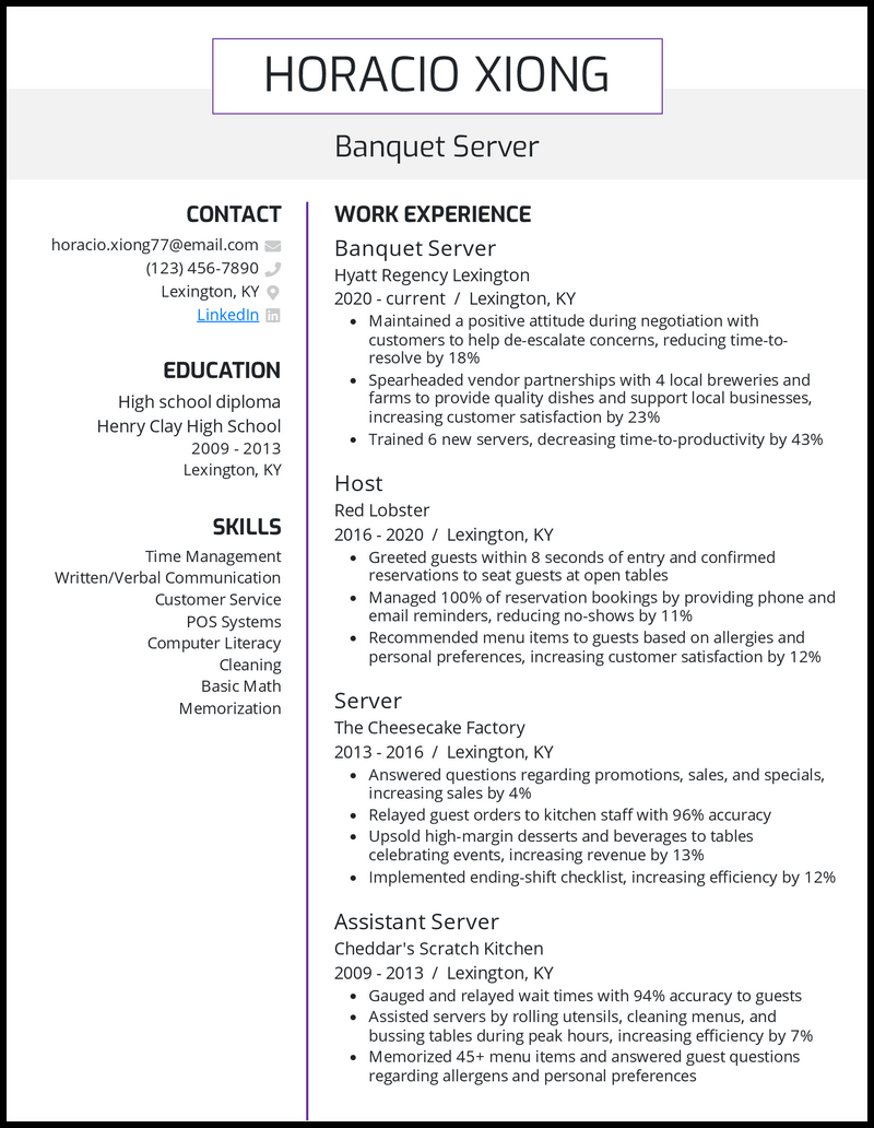 Banquet server resume example with 10+ years of experience