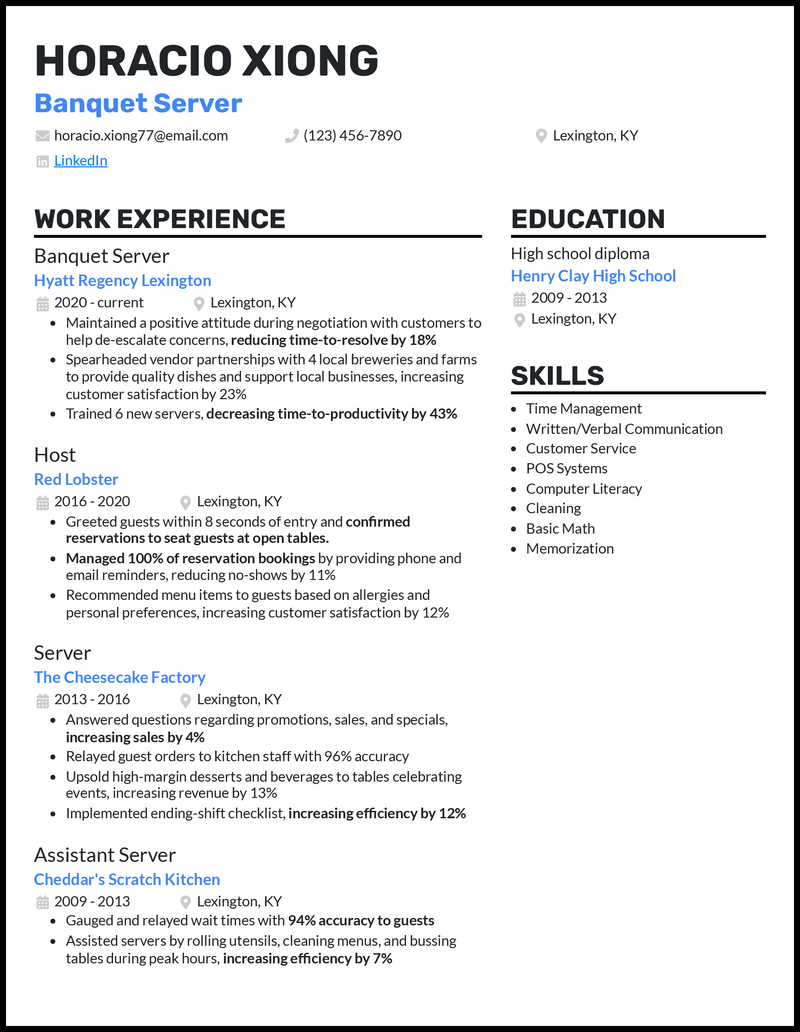 Banquet server resume example with 8+ years experience