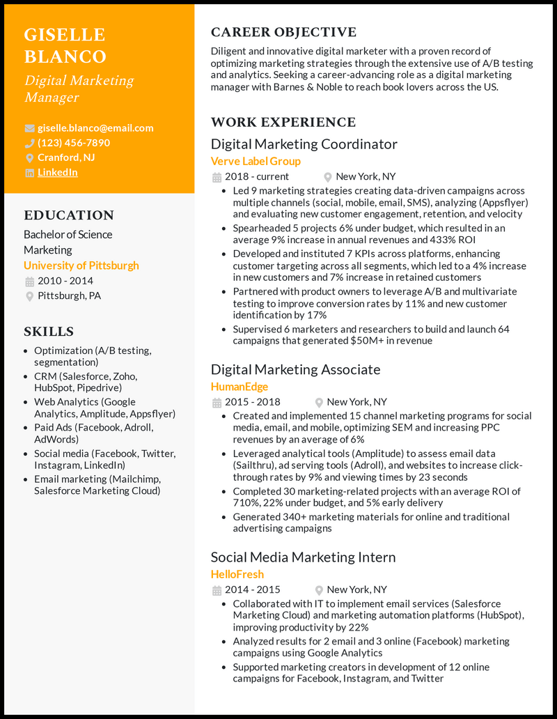 Digital marketing manager resume with 8 years experience