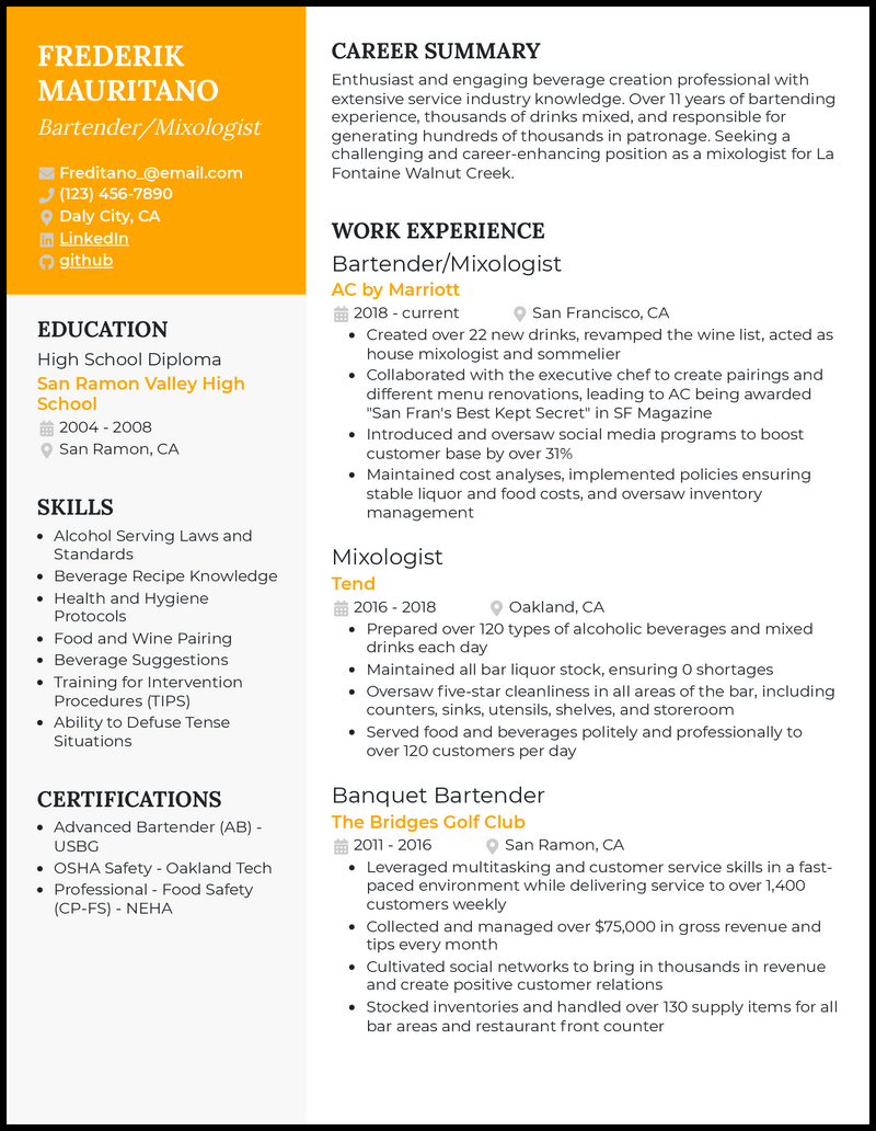 Bartender mixologist resume example with 11 years of experience