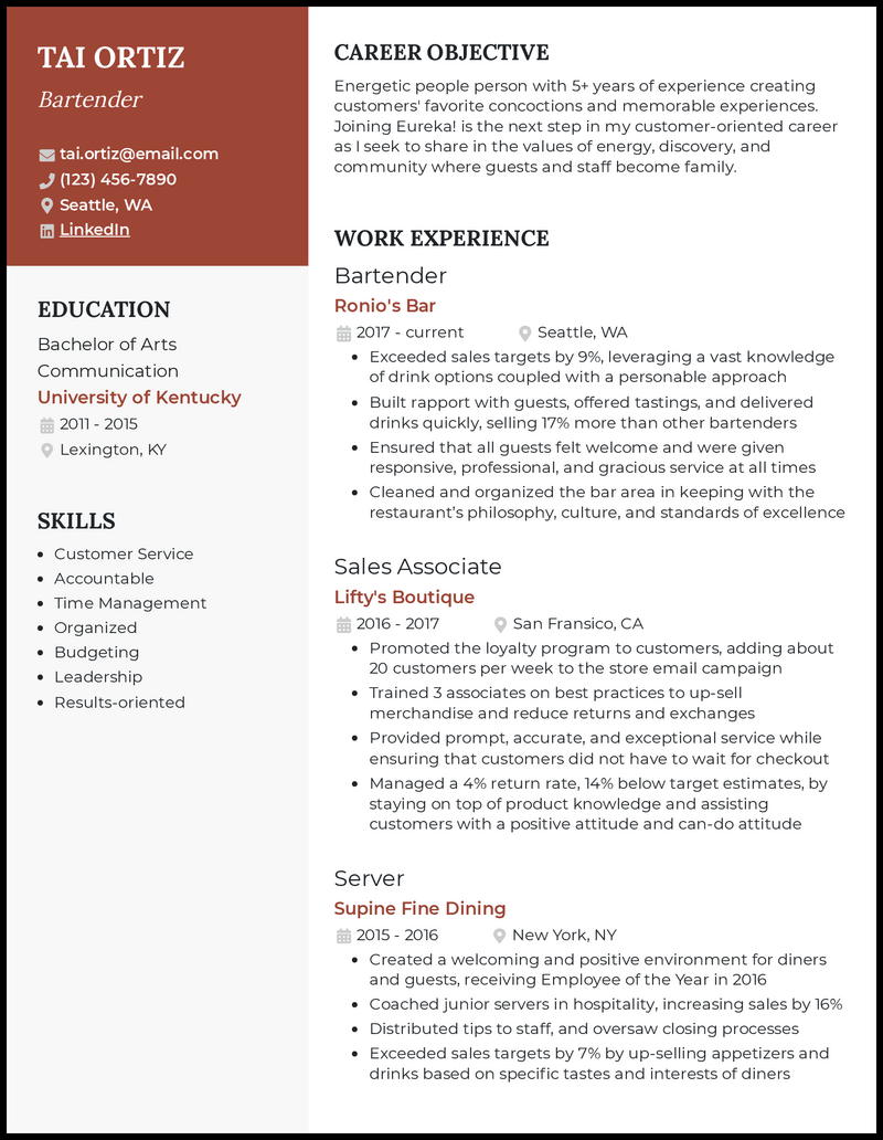 sample resume for bartender position with no experience