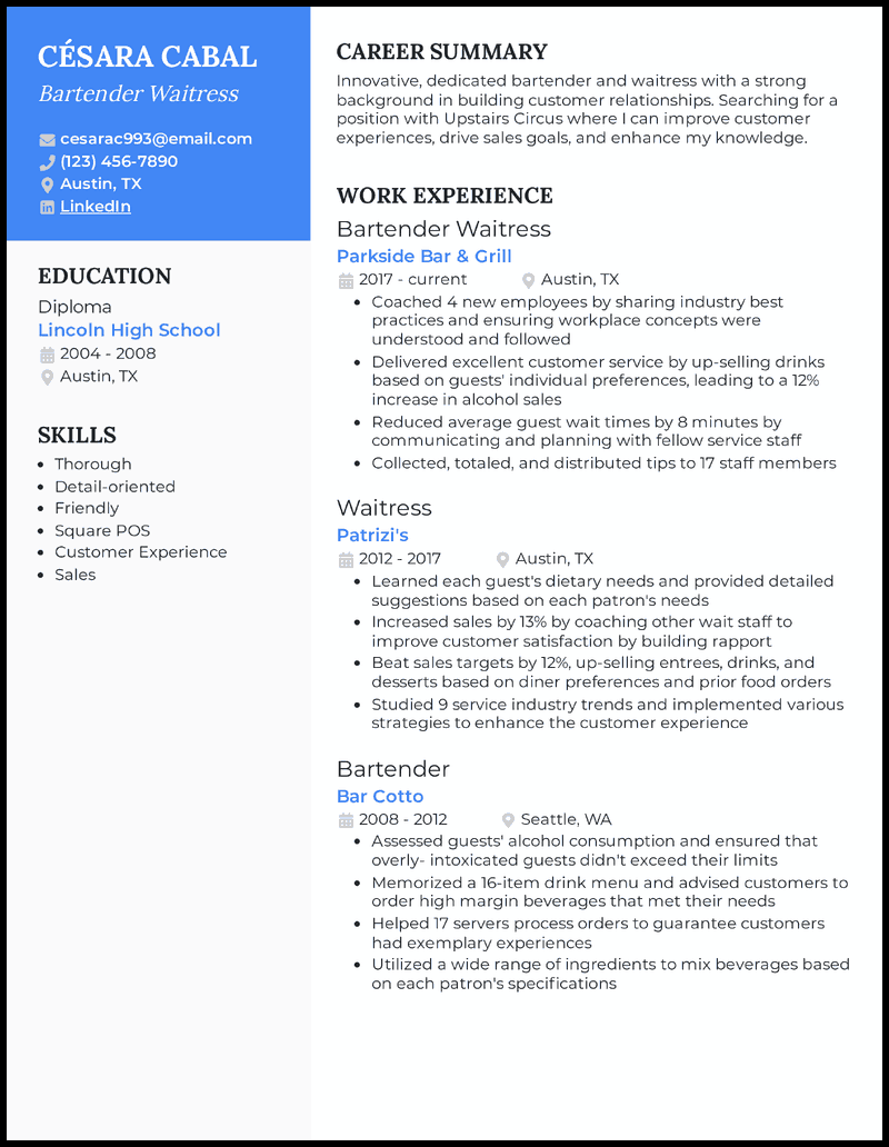 Bartender waitress resume example with 14 years of experience