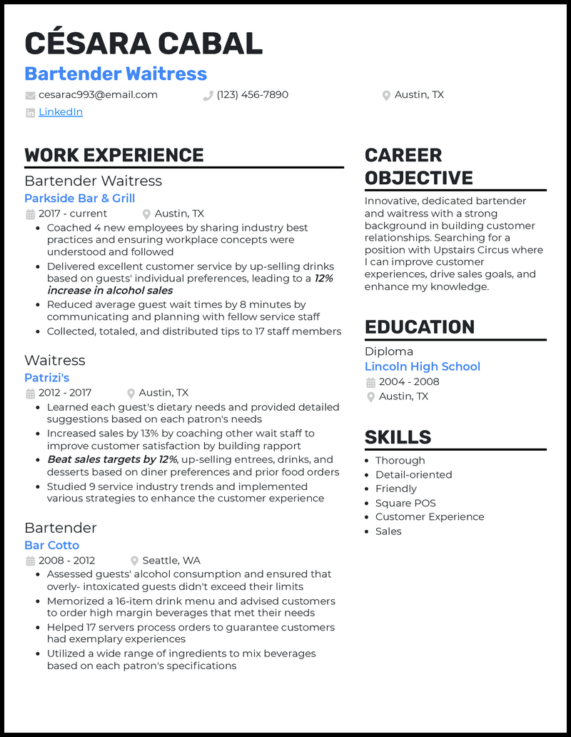 Bartender waitress resume example with 6+ years experience