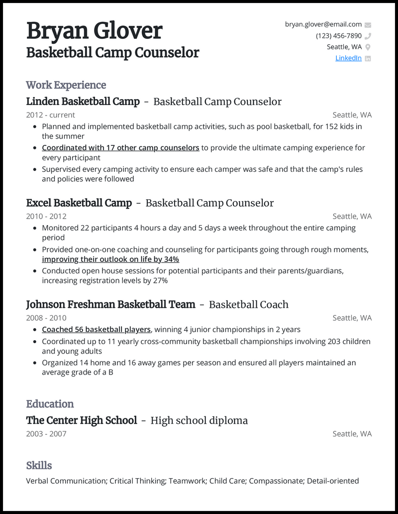 Basketball camp counselor resume
example with 14 years of experience