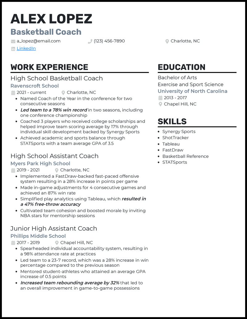 Basketball coach resume example with 6 years of experience