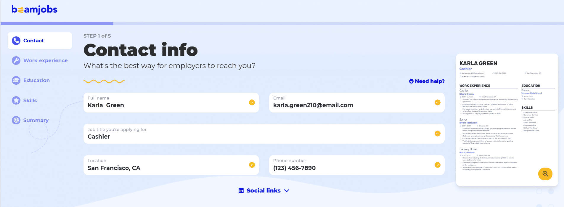 BeamJobs’ free cashier resume builder step by step process, starting with contact info