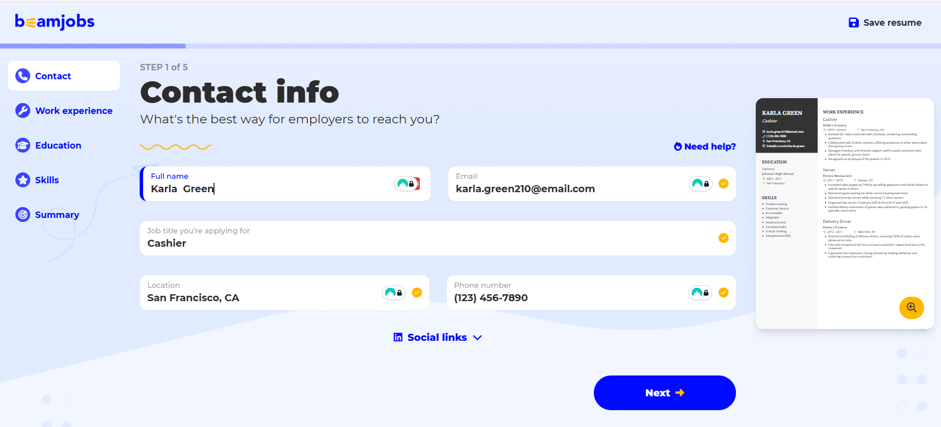 Fill in your contact info in BeamJobs' resume builder workflow