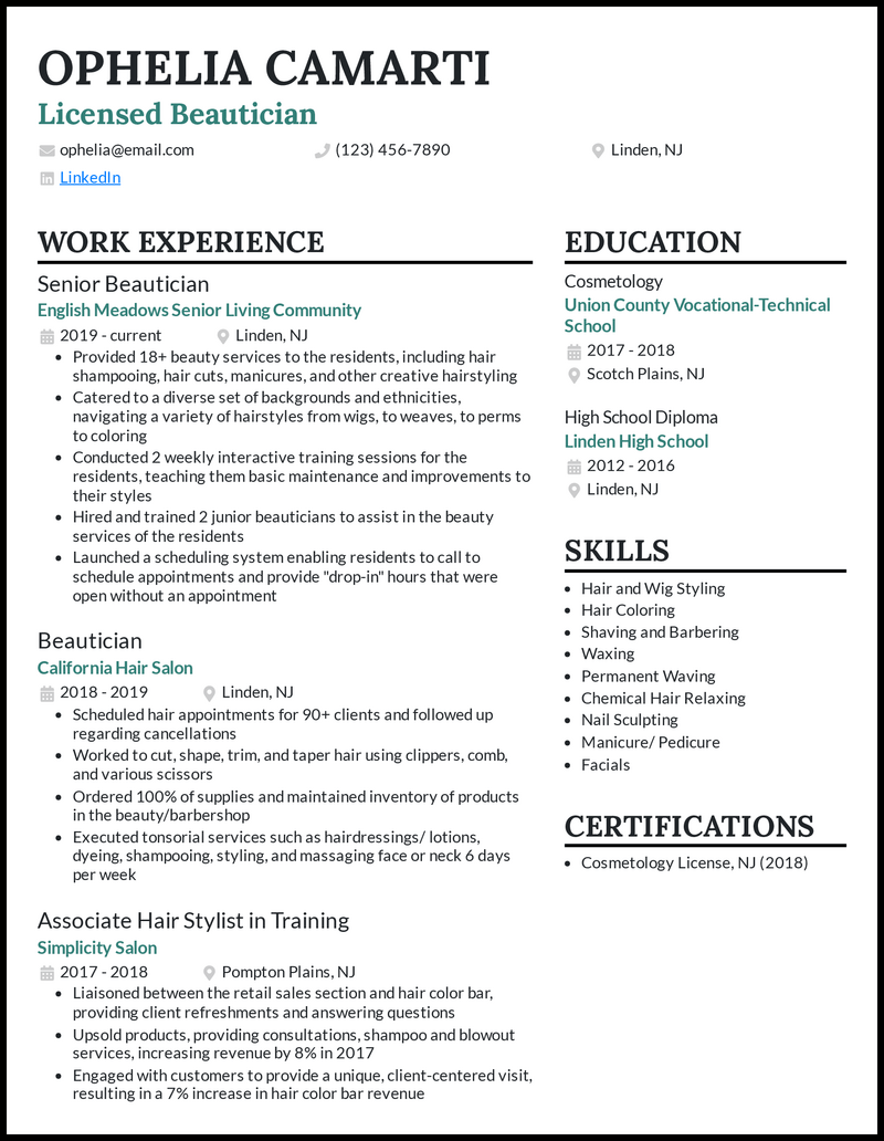 Cosmetology Student Resume