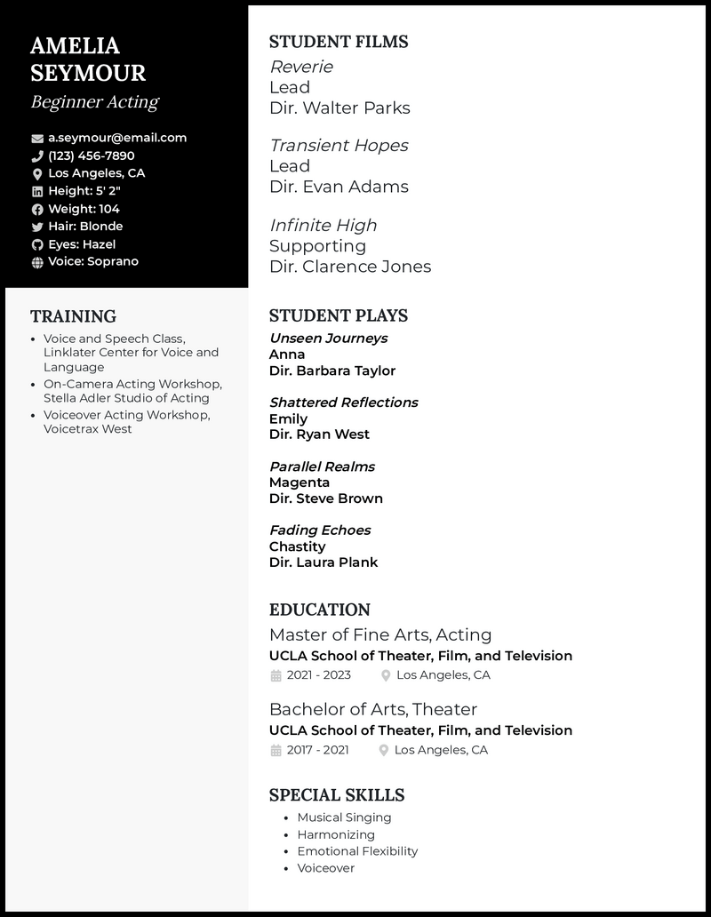 Beginner acting resume example with 8+ years experience