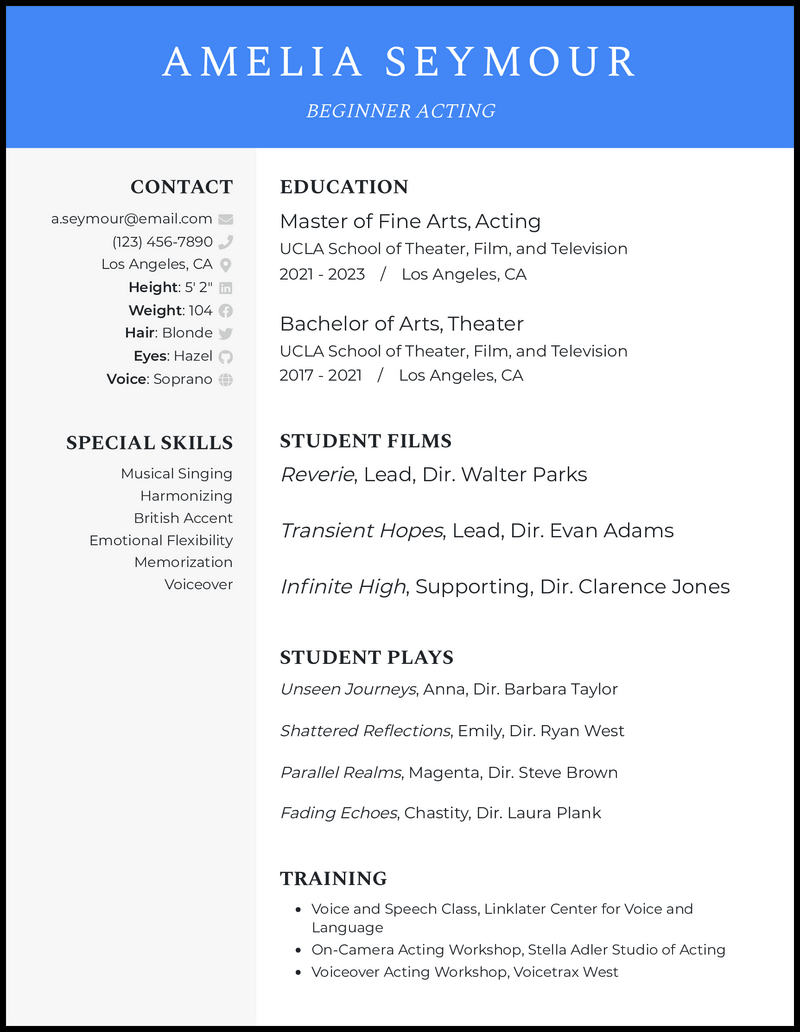 Elegant beginner acting resume example with 8+ years experience