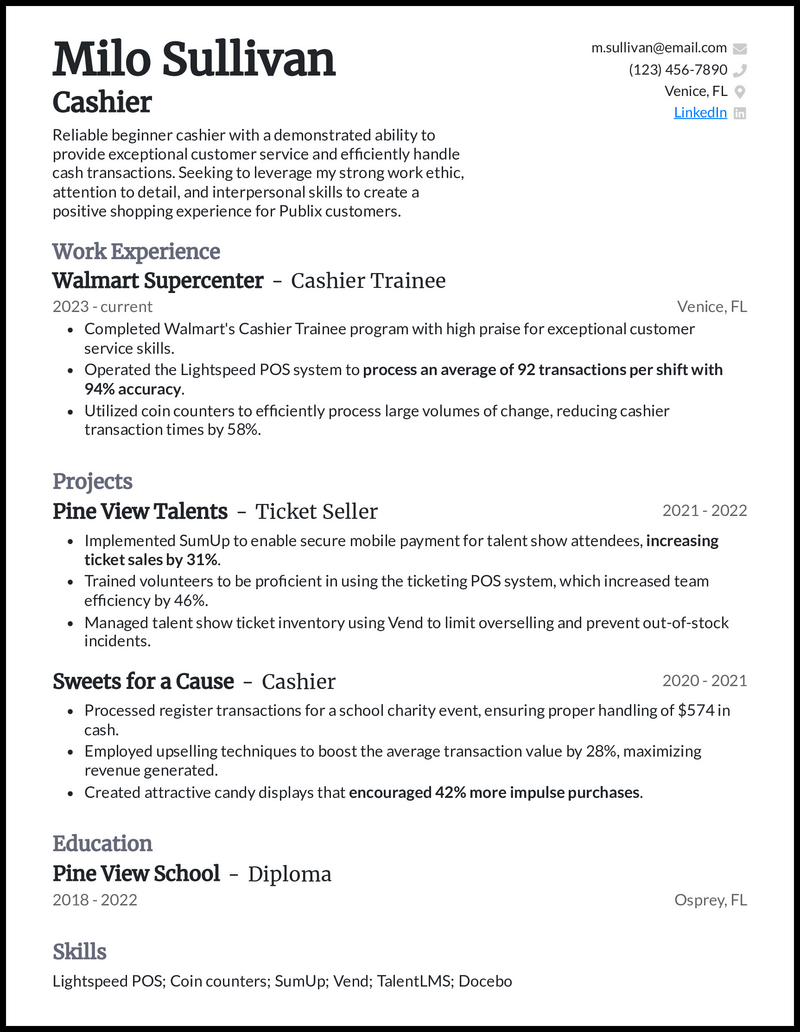 sample resume for restaurant cashier position