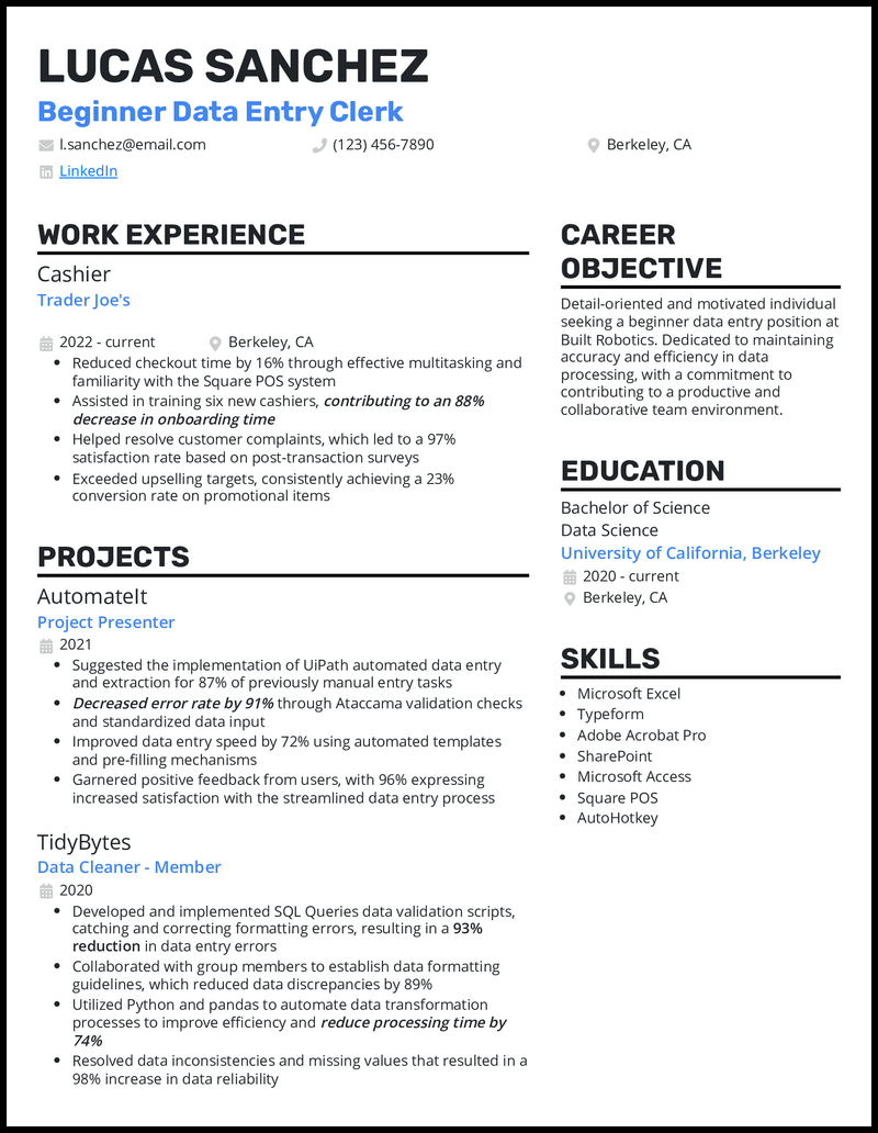 Beginner data entry resume example with cashier and project experience