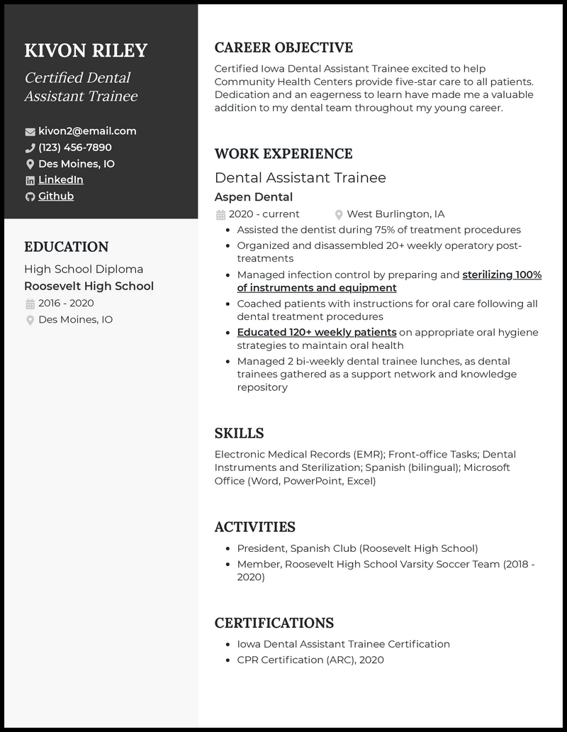 Clean beginner dental assistant resume example