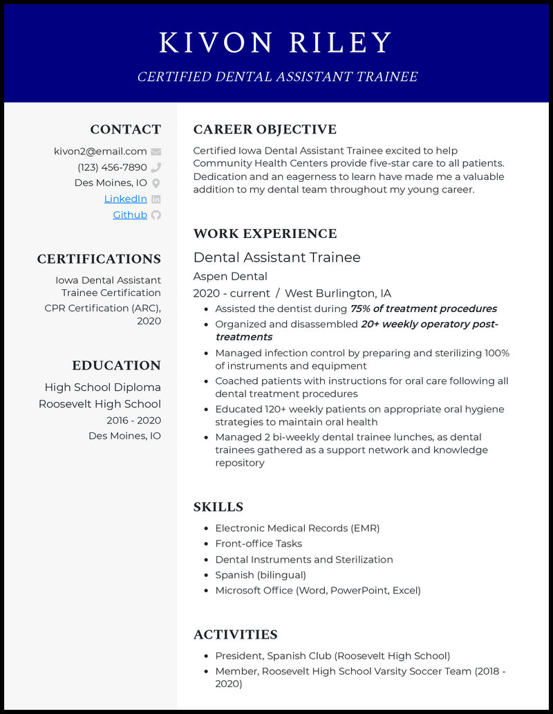 Beginner dental assistant resume example with no experience