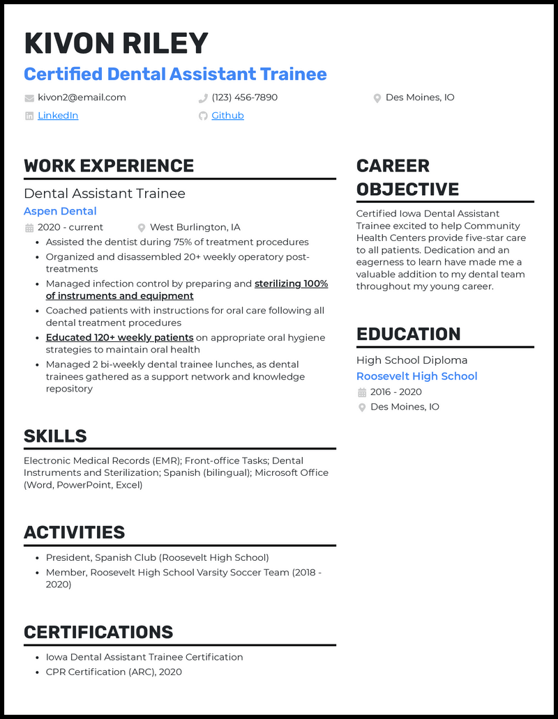 Elegant beginner dental assistant resume example